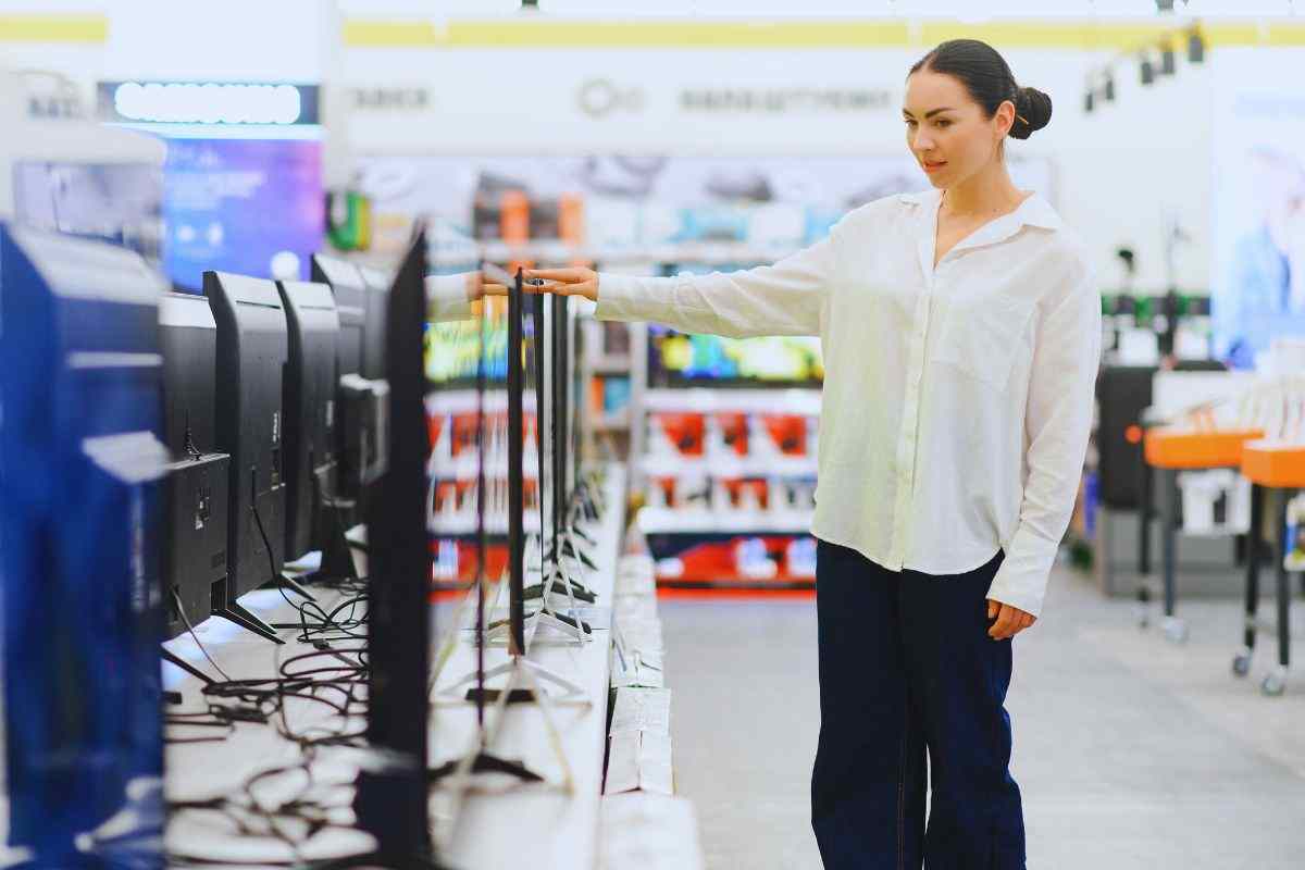 Donna che valuta acquisto televisione