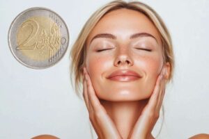 ragazza fa skincare e moneta da 2 euro