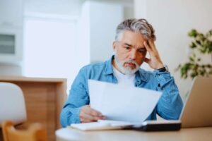 Uomo sconfortato mentre controlla le tasse da pagare