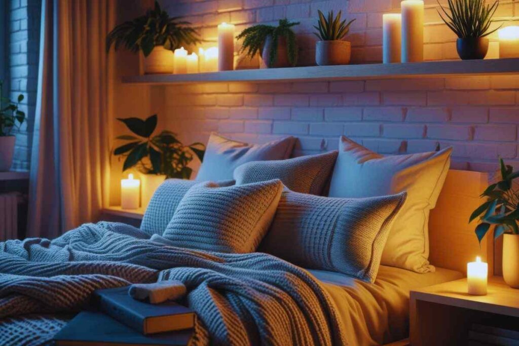 Camera da letto finemente arredata con candele e piante