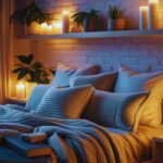 Camera da letto finemente arredata con candele e piante