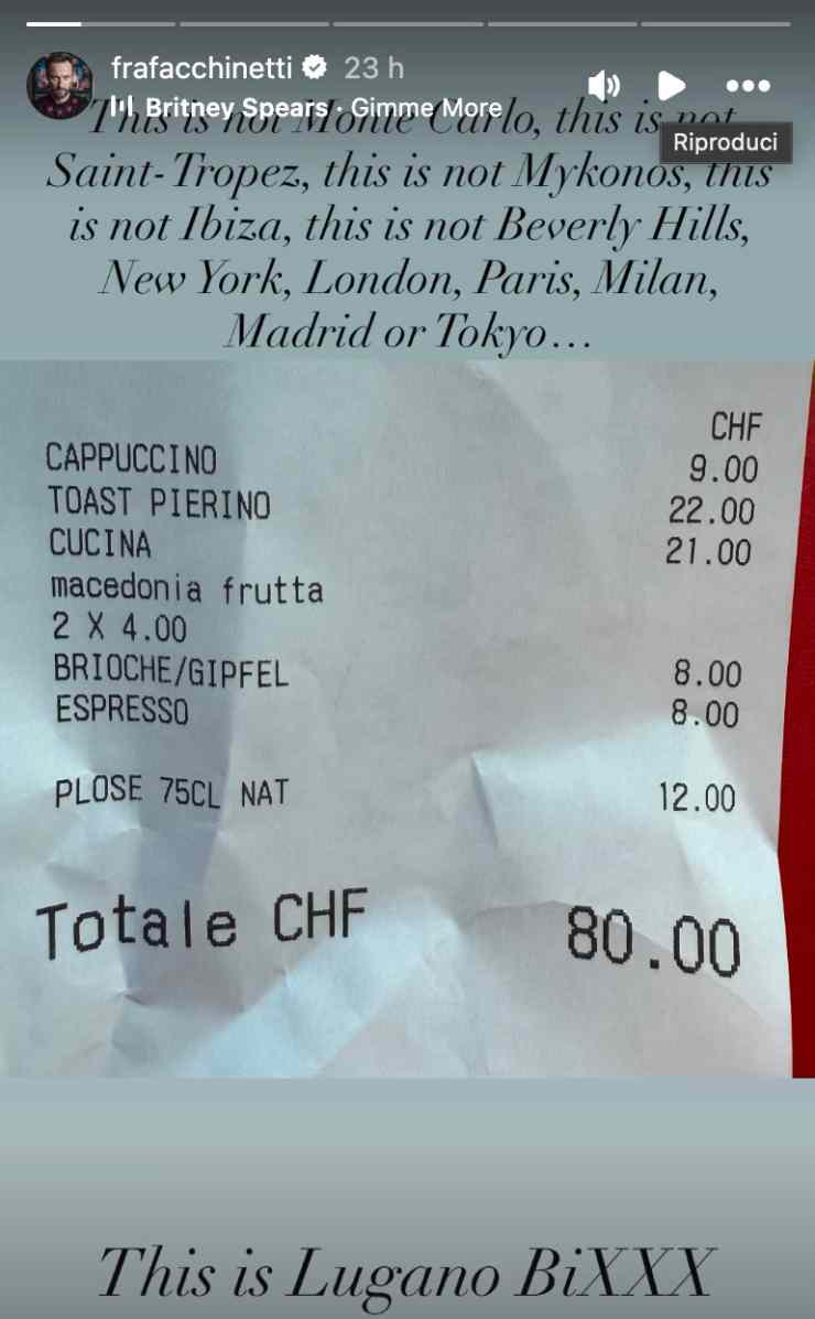 Scontrino colazione mostrato su Instagram da Facchinetti